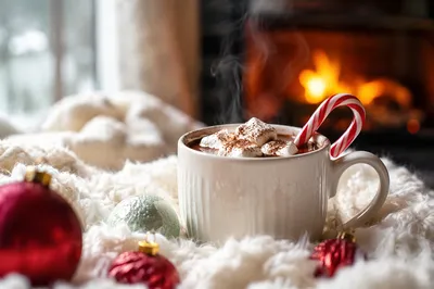 Cozy Hot Chocolate by Winter Fireplace