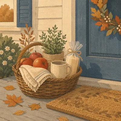 Autumn Housewarming Basket on Welcoming Doorstep