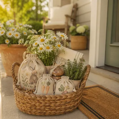 Welcoming Housewarming Gift Basket on Doorstep