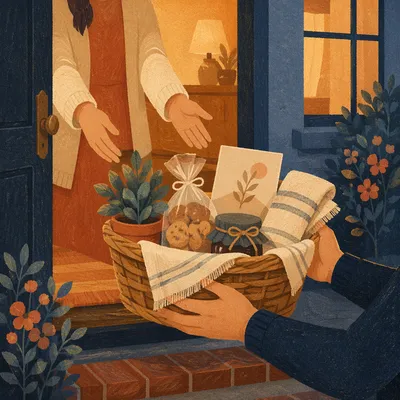 Warm Housewarming Basket at Open Doorstep