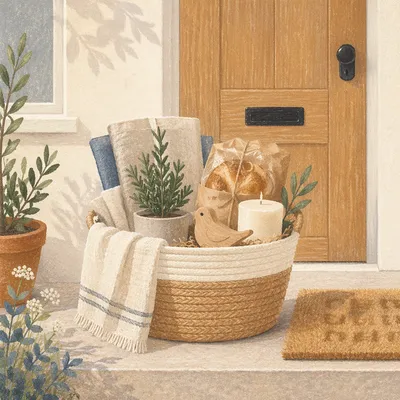 Warm Housewarming Basket on Front Doorstep