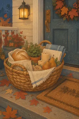 Cozy Housewarming Gift Basket at Doorstep