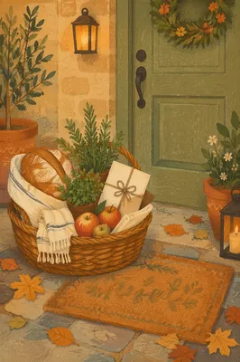 Autumn Housewarming Basket at Welcoming Doorstep