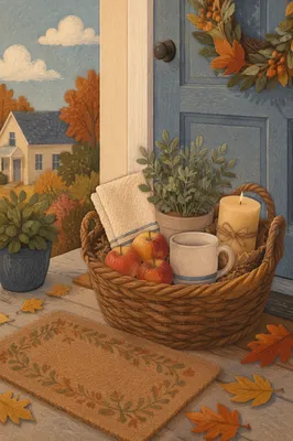 Autumn Housewarming Basket on Welcoming Doorstep