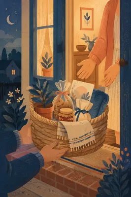 Warm Housewarming Gift Basket at Doorstep