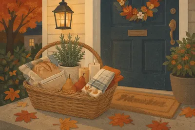 Cozy Housewarming Gift Basket at Doorstep