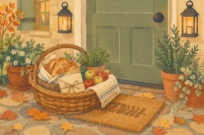 Autumn Housewarming Basket at Welcoming Doorstep
