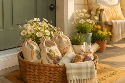 Cozy Housewarming Basket on Front Doorstep