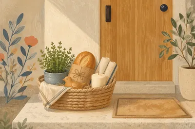 Welcoming Housewarming Basket on Front Doorstep