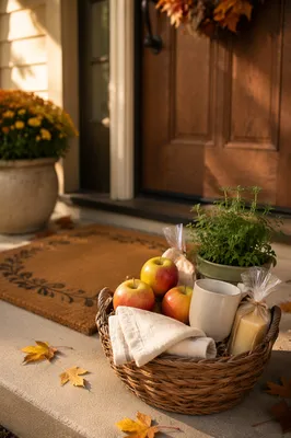 Autumn Housewarming Basket on Welcoming Doorstep