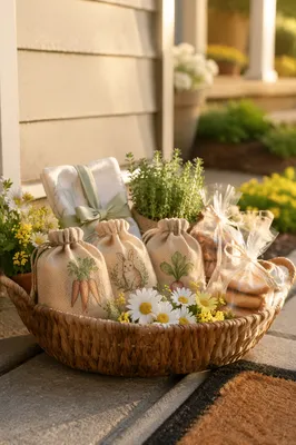 Cozy Housewarming Basket on Front Doorstep