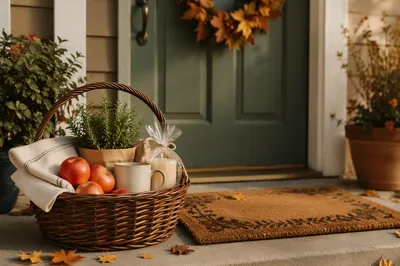 Autumn Housewarming Basket on Welcoming Doorstep