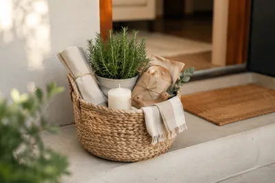 Welcoming Housewarming Gift Basket at Doorstep