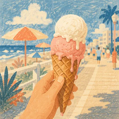 Melting Ice Cream Cone on Summer Boardwalk