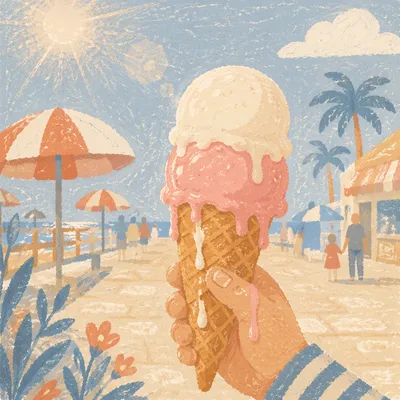 Melting Ice Cream Cone on Summer Boardwalk
