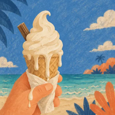 Melting Vanilla Cone on Tropical Beach