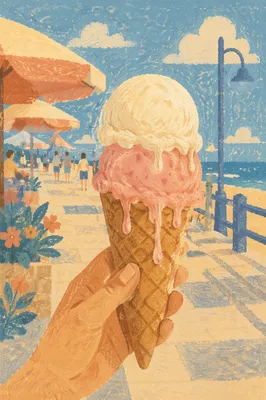 Melting Ice Cream Cone on Summer Boardwalk