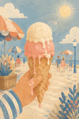 Melting Ice Cream Cone on Summer Boardwalk