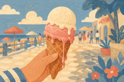 Melting Ice Cream Cone on Summer Boardwalk