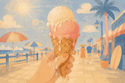 Melting Ice Cream Cone on Summer Boardwalk