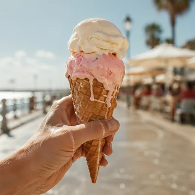 Melting Ice Cream Cone on Summer Boardwalk