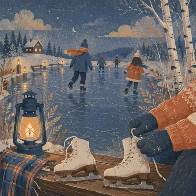 Frozen Pond Ice Skating at Blue Hour