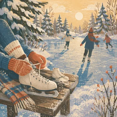 Frozen Pond Ice Skating Winter Scene