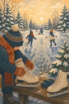 Frozen Pond Ice Skating Winter Scene