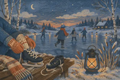 Frozen Pond Ice Skating at Blue Hour