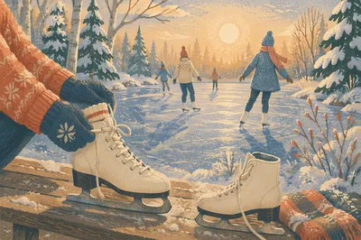 Frozen Pond Ice Skating Winter Scene