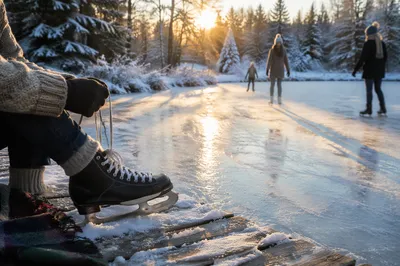 Frozen Pond Ice Skating at Sunset