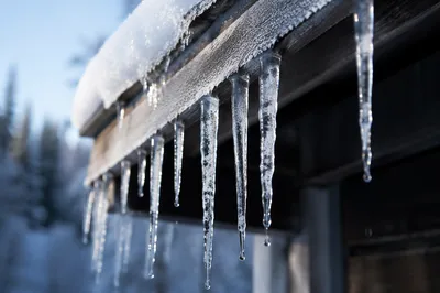 Close-Up Icicles on Snowy Cabin Roof