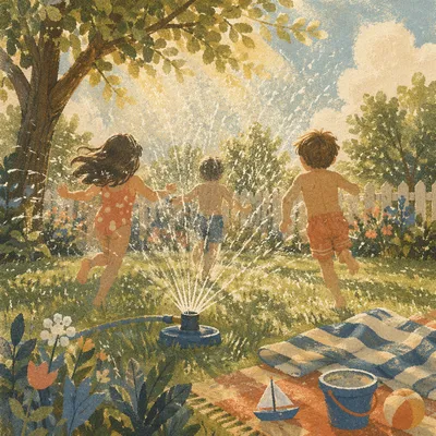 Children Running Through Summer Garden Sprinkler