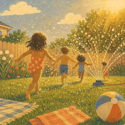 Children Running Through Summer Garden Sprinkler