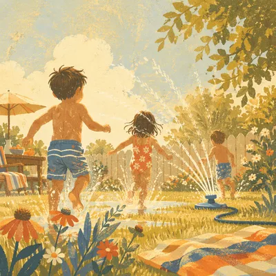 Children Playing in Summer Garden Sprinkler