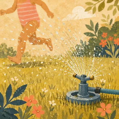 Kids Running Through Summer Garden Sprinkler