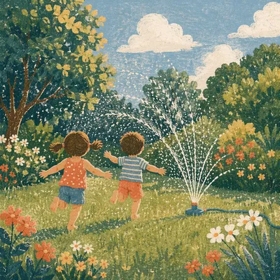 Children Running Through Summer Garden Sprinkler