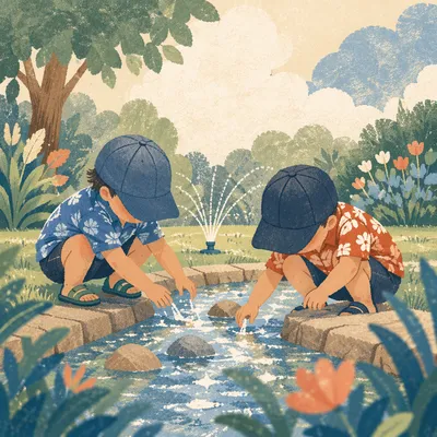 Children Playing by Summer Garden Sprinkler