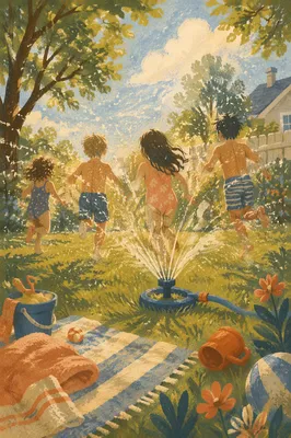 Children Playing in Summer Garden Sprinkler