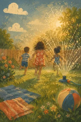 Children Running Through Summer Garden Sprinkler