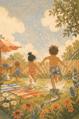 Children Playing in Summer Garden Sprinkler