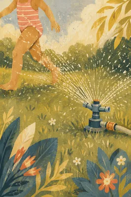 Kids Running Through Summer Garden Sprinkler