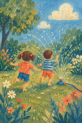 Children Running Through Summer Garden Sprinkler