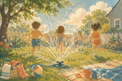 Children Running Through Summer Garden Sprinkler