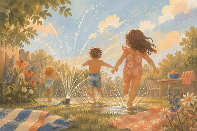 Children Playing in Summer Garden Sprinkler