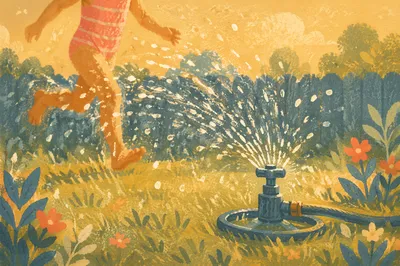 Kids Running Through Summer Garden Sprinkler