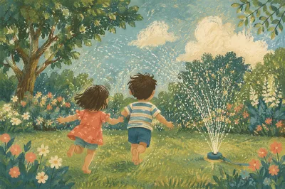 Children Running Through Garden Sprinkler