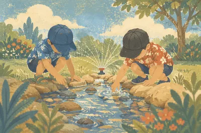 Children Playing by Summer Garden Sprinkler