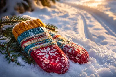 Colorful Knitted Mittens on Winter Snow