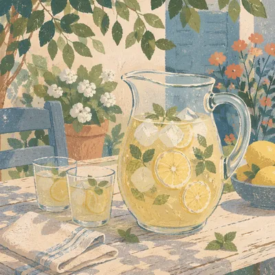 Refreshing Lemonade Pitcher on Summer Patio